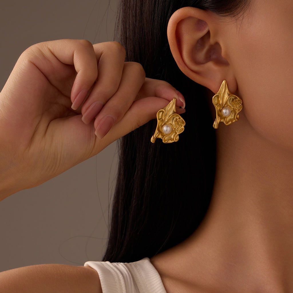 Lumora Elegant Gold-Toned Pearl Drop Leaf Earrings