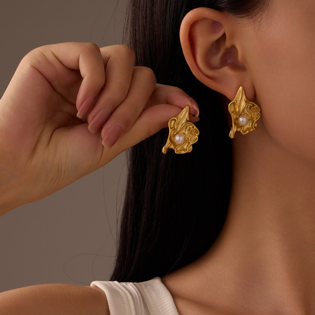 Lumora Elegant Gold-Toned Pearl Drop Leaf Earrings