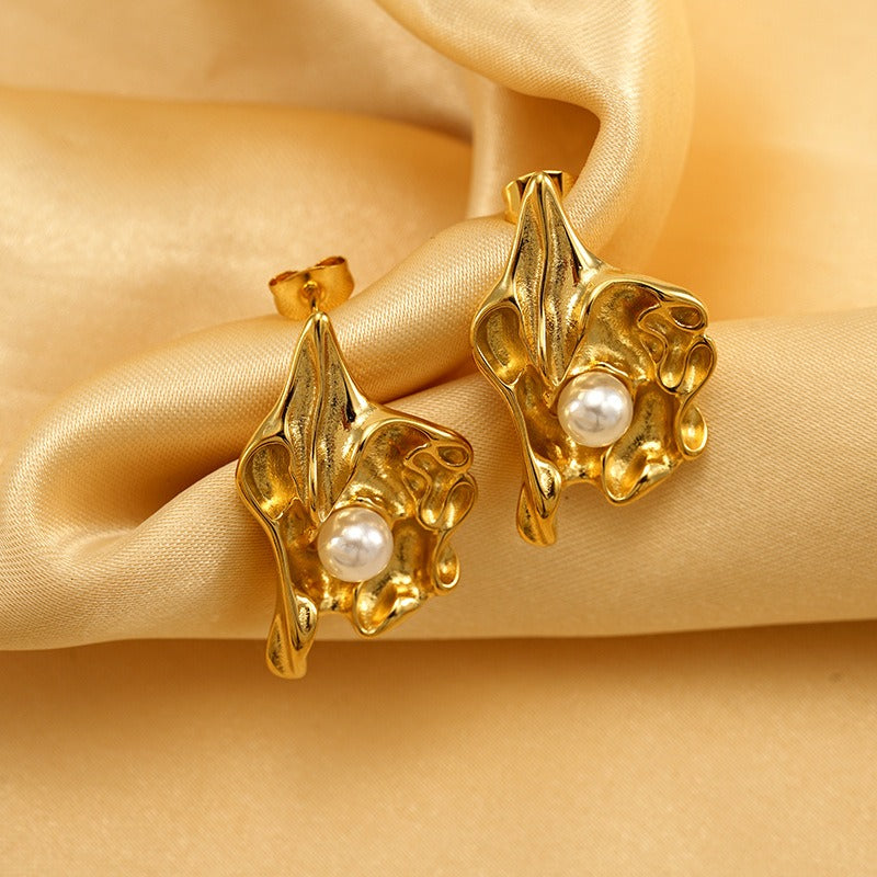 Lumora Elegant Gold-Toned Pearl Drop Leaf Earrings