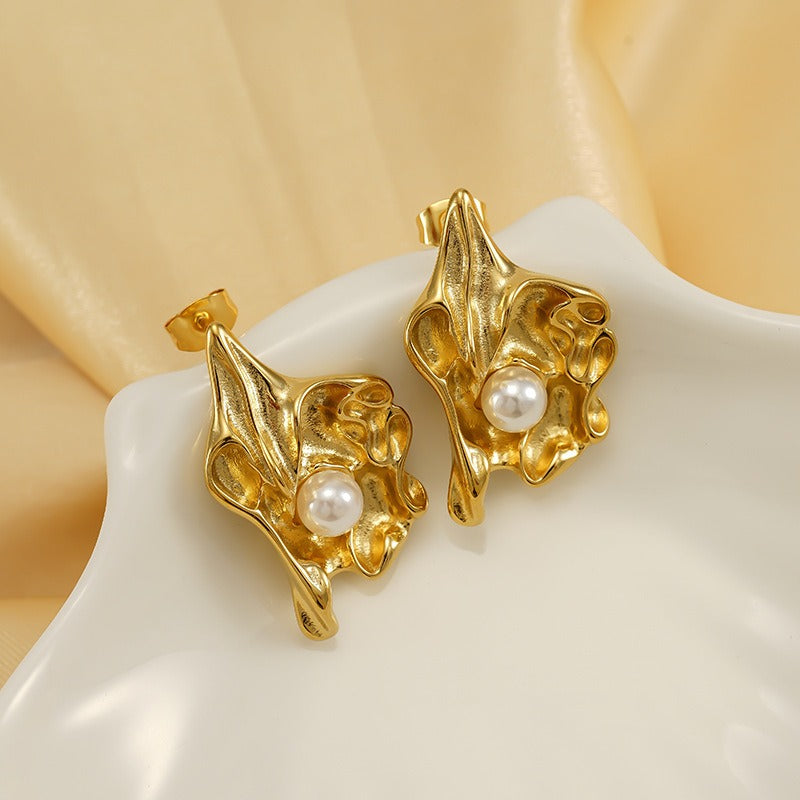 Lumora Elegant Gold-Toned Pearl Drop Leaf Earrings