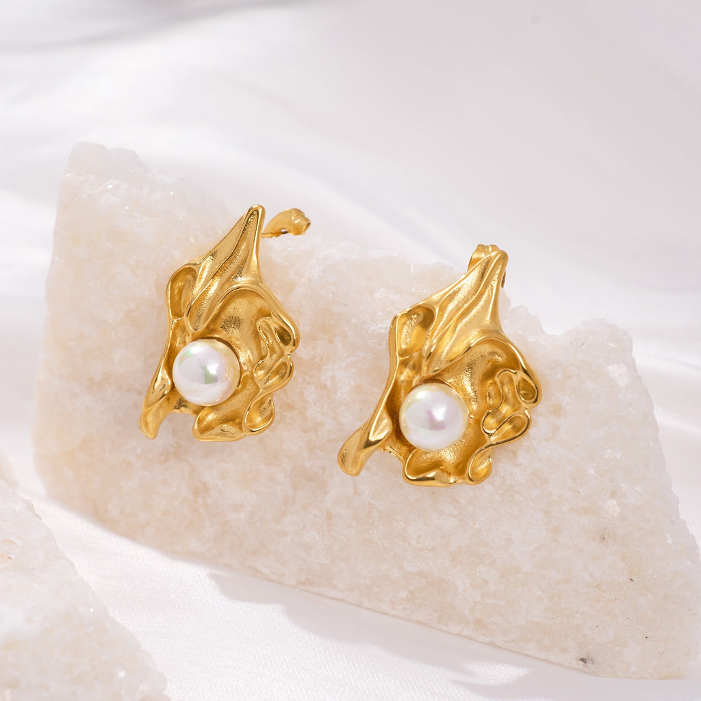 Lumora Elegant Gold-Toned Pearl Drop Leaf Earrings