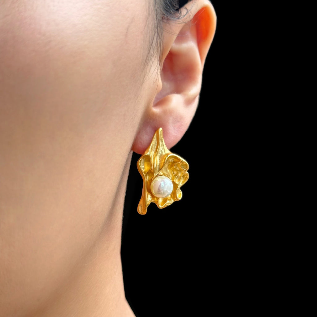 Lumora Elegant Gold-Toned Pearl Drop Leaf Earrings