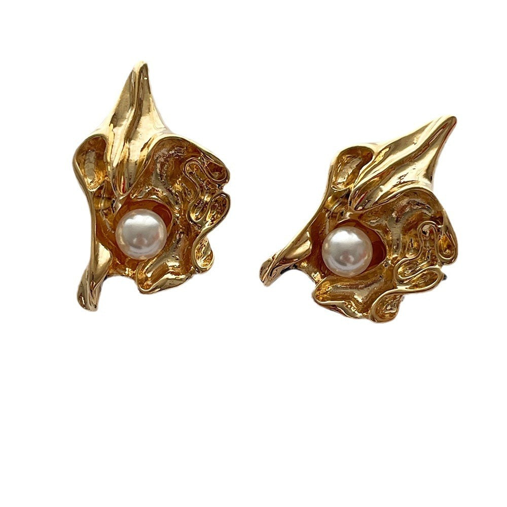 Lumora Elegant Gold-Toned Pearl Drop Leaf Earrings