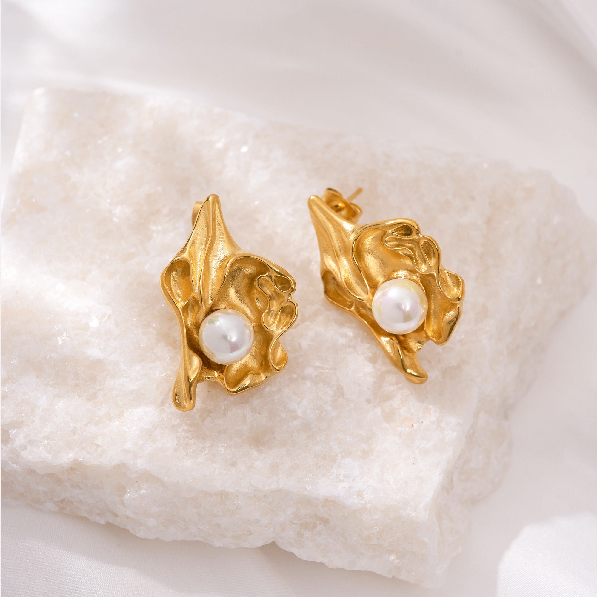 Lumora Elegant Gold-Toned Pearl Drop Leaf Earrings
